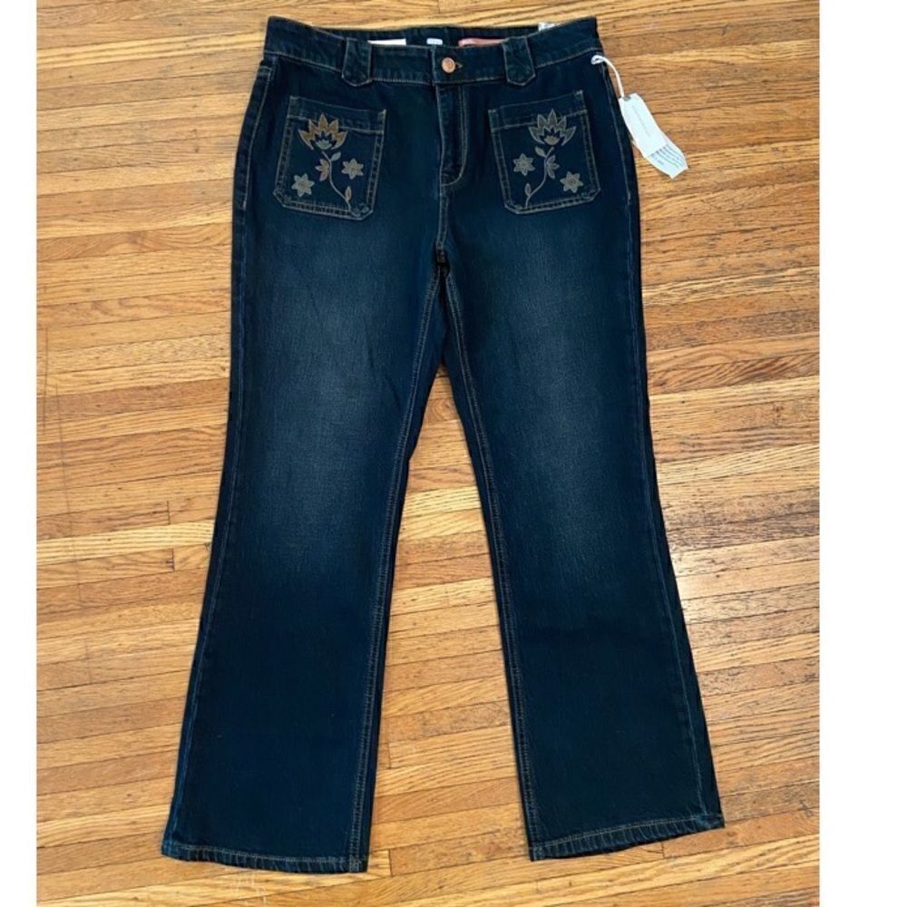 Pilcro Anthropologie darkwash embroidered flower jeans NWT